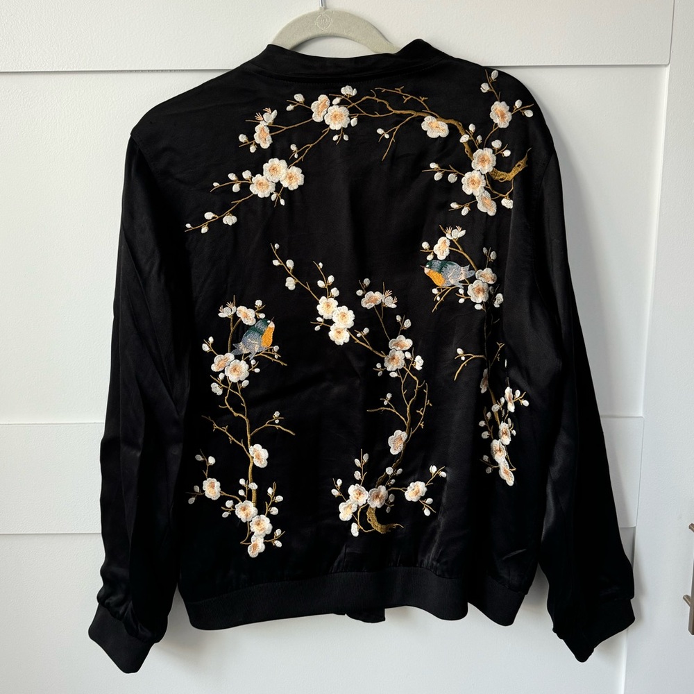 Zara Black Satin Embroidered Bomber Jacket